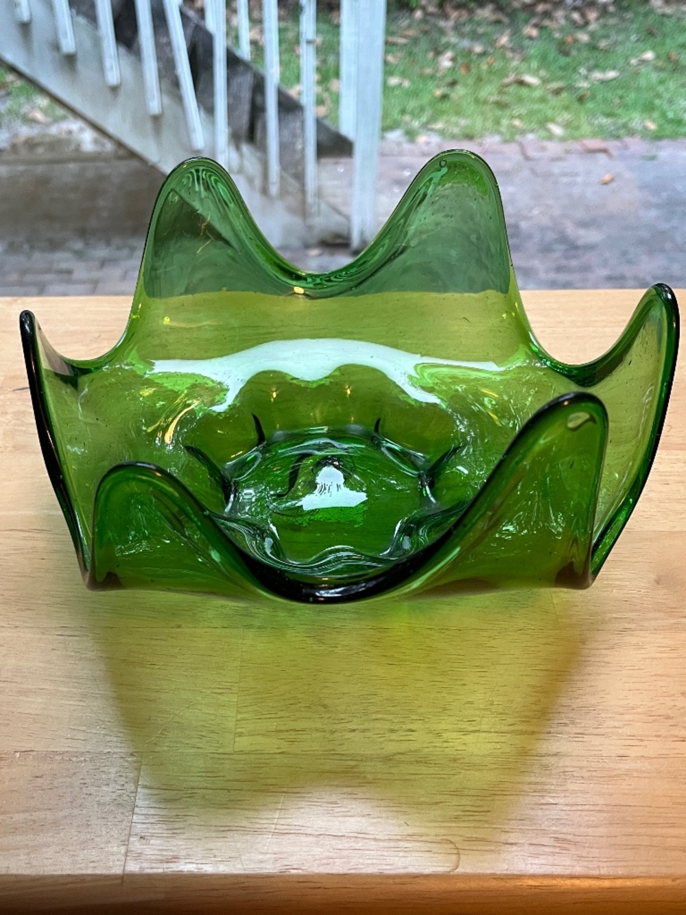 Green Glass Bowl, Mid Century Modern Murano Art Glass Style
